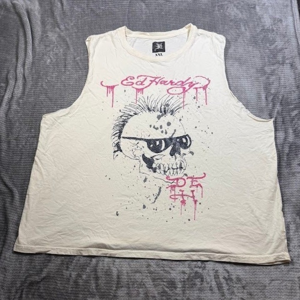 Ed Hardy Mens XXL Punks Not Dead Skull Mohawk Muscle Tank Top EHBAO1000-2 Cream